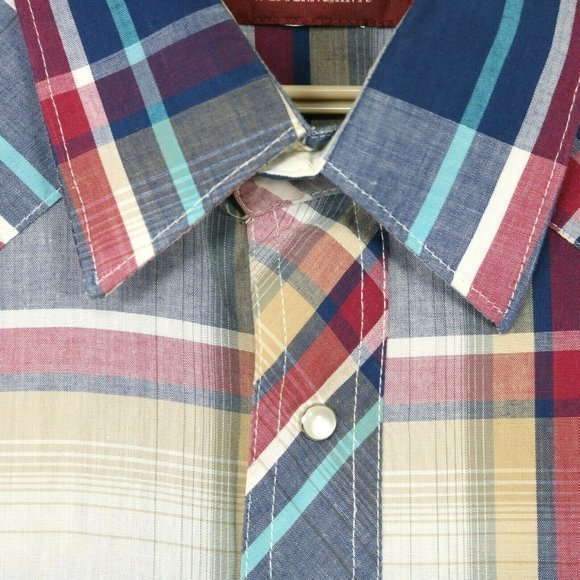 Vintage Wrangler Western Shirt White Blue Red Tan Plaid Pearl Snap XL - Picture 6 of 12